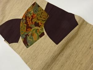 手織り紬切り嵌め相良刺繍地紙に抽象草花模様名古屋帯